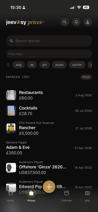 Jeevesy's Prices list, showing tracked products and their latest prices