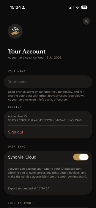 Jeevesy's Settings screen, showing guest mode's local-only data sync status